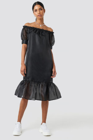 Anna Nooshin x NA-KD Off Shoulder Puffy Mid Flounce Dress - Black