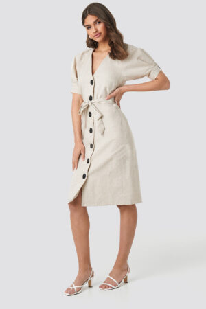 NA-KD Classic Linen Blend Buttoned Dress - Beige
