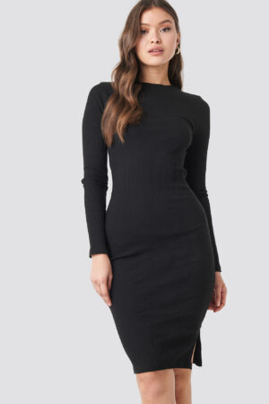 NA-KD Ribbed Jersey Long Sleeve Dress - Black