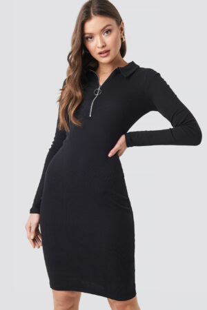 NA-KD Ribbed Zip Dress - Black