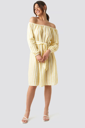 NA-KD Trend Striped Off Shoulder Tied Waist Dress - Yellow