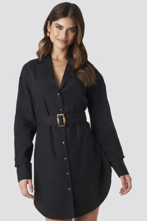 Hannalicious x NA-KD Belted Oversized Linen Look Shirt Dress - Black
