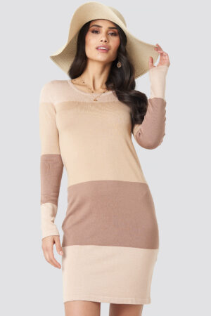 Luisa Lion x NA-KD Light Knit Blocked Dress - Beige