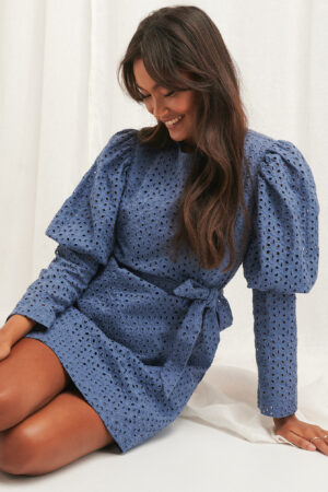 NA-KD Boho Anglaise LS Mini Dress - Blue
