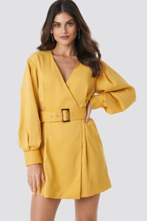 NA-KD Classic Balloon Sleeve Belted Blazer Dress - Yellow
