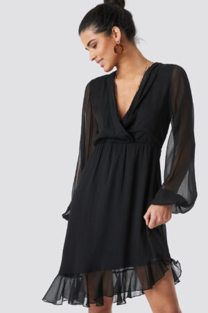 NA-KD Boho Balloon Sleeve Chiffon Mini Dress - Black