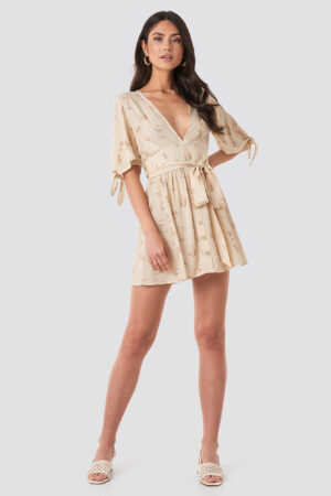 NA-KD Belted Deep V Mini Dress - Beige