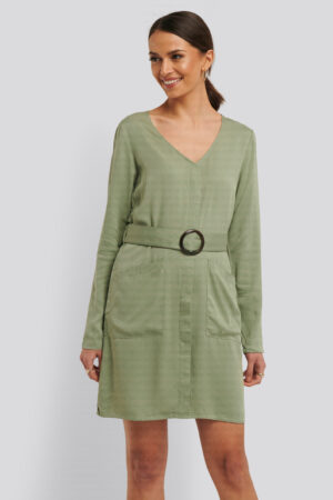 NA-KD Belted Long Sleeve Dress - Green