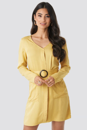 NA-KD Belted Long Sleeve Dress - Yellow