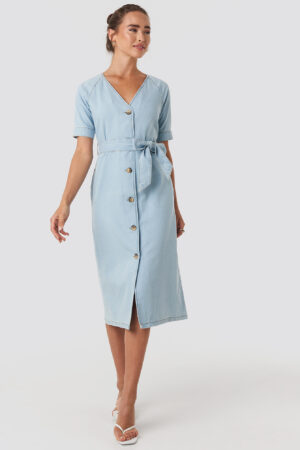 NA-KD Belted Puff Sleeve Midi Dress - Blue