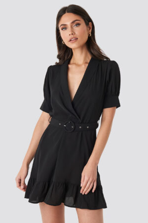 NA-KD Belted Puff Sleeve Mini Dress - Black