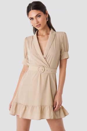 NA-KD Belted Puff Sleeve Mini Dress - Beige