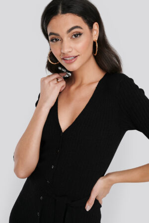 NA-KD Belted Ribbed Knitted Midi Dress - Black
