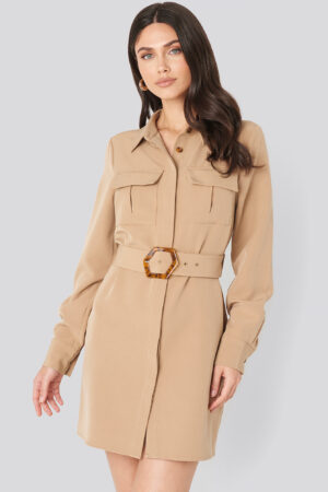NA-KD Trend Belted Straight Fit Shirt Dress - Beige