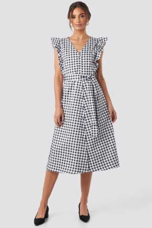 NA-KD Belted V-Neck Ruffle Midi Dress - Black
