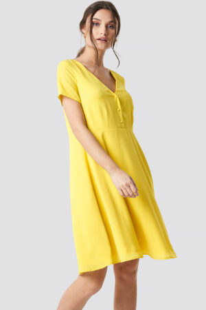 NA-KD Button Up Short Sleeve Dress - Yellow