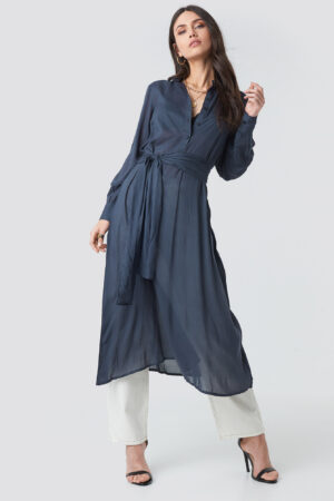 NA-KD Trend Button Up Tie Waist Dress - Blue