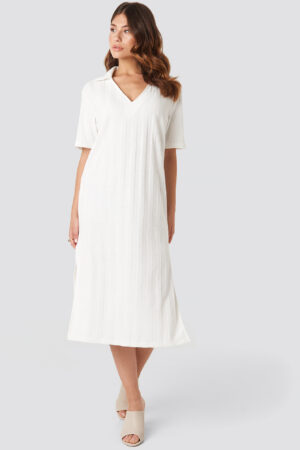 NA-KD Trend Collar V Front Knitted Dress - White