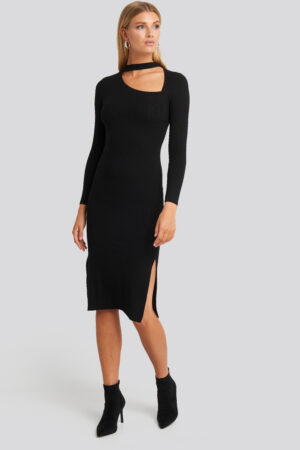 NA-KD Cut Out Ribbed Midi Dress - Black