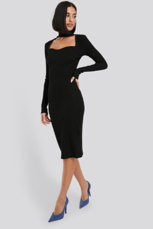 NA-KD Trend Cut Out Turtle Neck Ribbed Midi Dress - Black