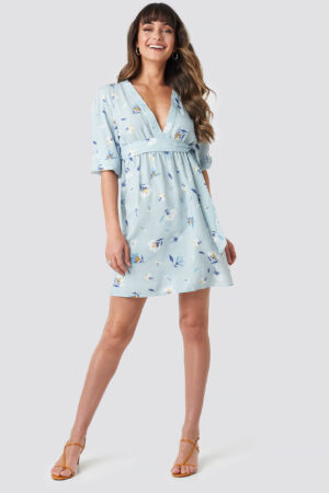 NA-KD Deep V Mini Dress - Blue