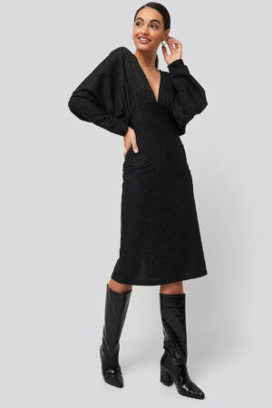 NA-KD Party Deep V Neck Batwing Lurex Dress - Black