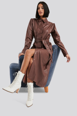NA-KD Faux Leather Belted Shirt Midi Dress - Brown