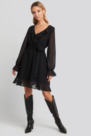 NA-KD Boho Flounce Chiffon Mini Dress - Black