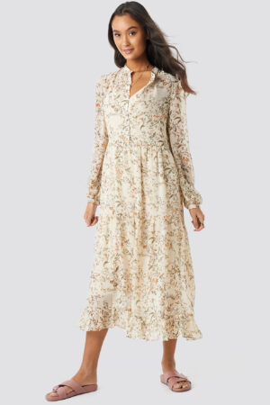 NA-KD Boho Flower Print Tiered Midi Dress - Beige