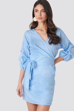 NA-KD Boho Gathered Waist Puff Sleeve Dress - Blue