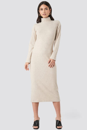 NA-KD Trend High Neck Ribbed Ankle Length Knitted Dress - Beige