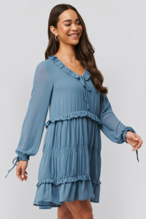 NA-KD Boho Multi Frill Flowy Mini Dress - Blue