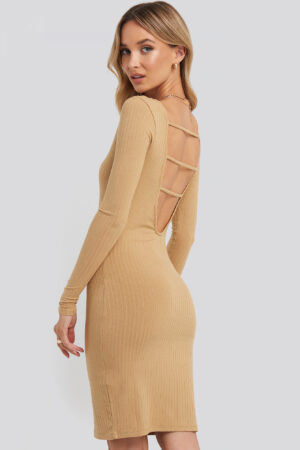 NA-KD Party Open Back Ribbed Mini Dress - Beige