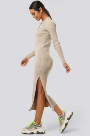 NA-KD Polo Collar Knit Maxi Dress - Beige