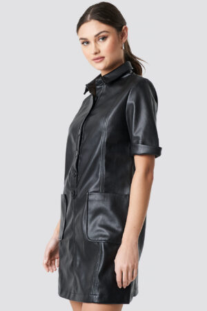NA-KD Trend PU Button Up Mini Dress - Black