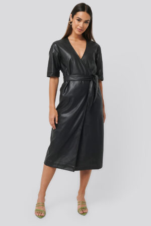 NA-KD Trend Soft PU Overlap Midi Dress - Black