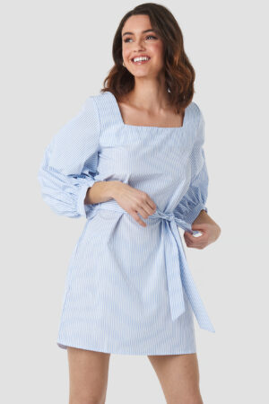 NA-KD Trend Puff Sleeve Square Neck Tie Dress - Blue