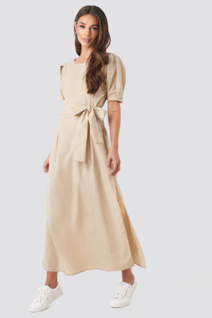 NA-KD Boho Puff Sleeve Belted Maxi Dress - Beige