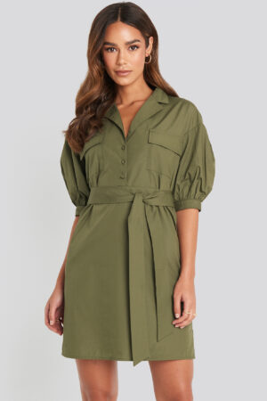 NA-KD Puff Sleeve Chest Pocket Mini Dress - Green