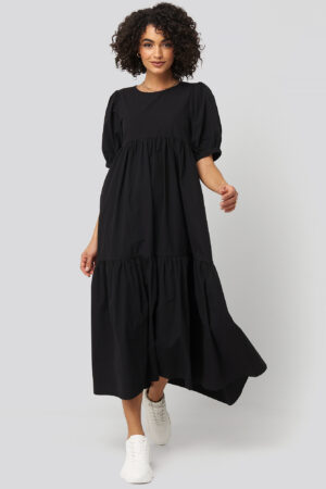 NA-KD Boho Puff Sleeve Pleated Tiered Midi Dress - Black