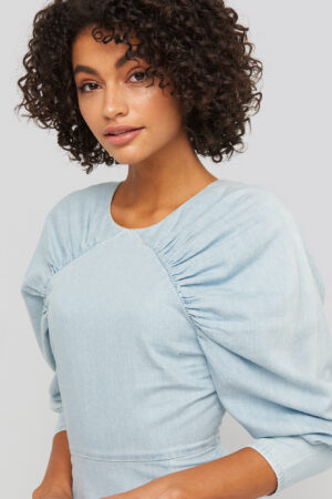 NA-KD Puff Sleeve Round Neck Mini Dress - Blue