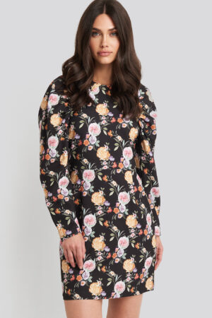 NA-KD Puff Sleeve Round Neck Mini Dress - Multicolor