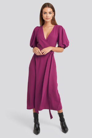 NA-KD Puff Sleeve Wrap Midi Dress - Pink