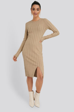 NA-KD Ribbad Midiklänning - Beige