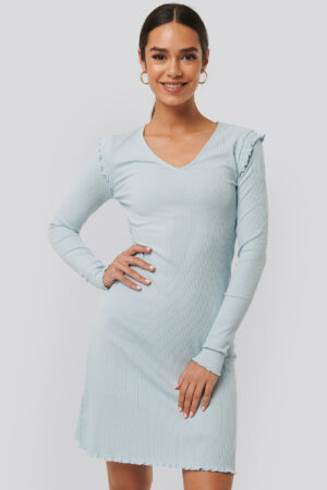 NA-KD Ribbed V Neck Shoulder Detail Dress - Blue