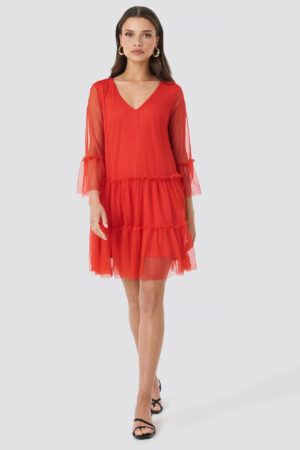 NA-KD Ruffle Mesh Mini Dress - Red