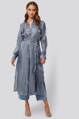 NA-KD Classic Shiny Long Shirt Dress - Blue