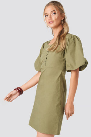 NA-KD Boho Short Puff Sleeve Button Up Dress - Green