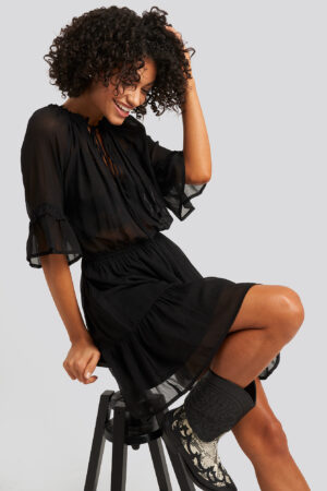 NA-KD Boho Short Sleeve Flounce Mini Dress - Black
