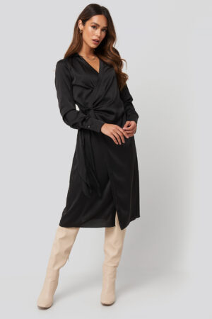 NA-KD Trend Side Tie Satin Midi Dress - Black